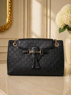 Authentic Gucci Guccissima Leather Horsebit Chain Tote Black